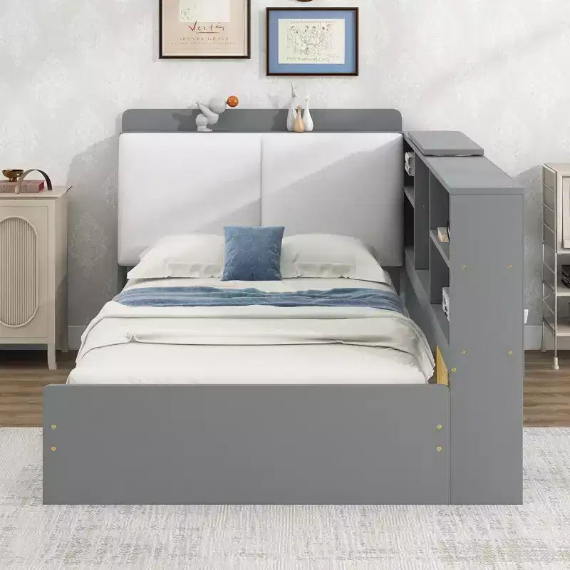 FAMYYT Twin Size Platform Bed?With Storage Headboard, Shelves and 2 Drawers, Easy Assembly
