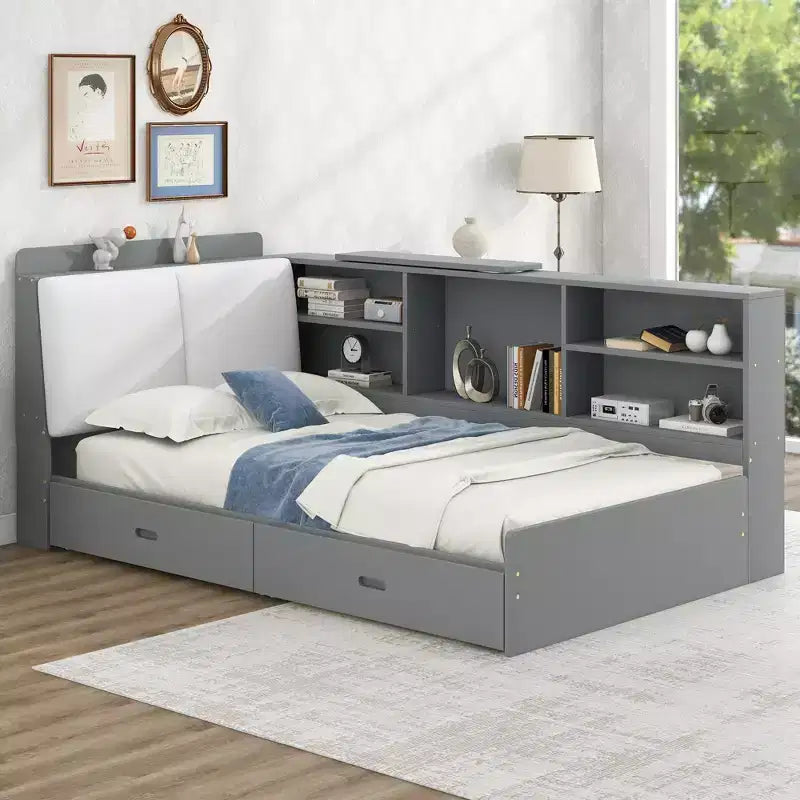 FAMYYT Twin Size Platform Bed?With Storage Headboard, Shelves and 2 Drawers, Easy Assembly