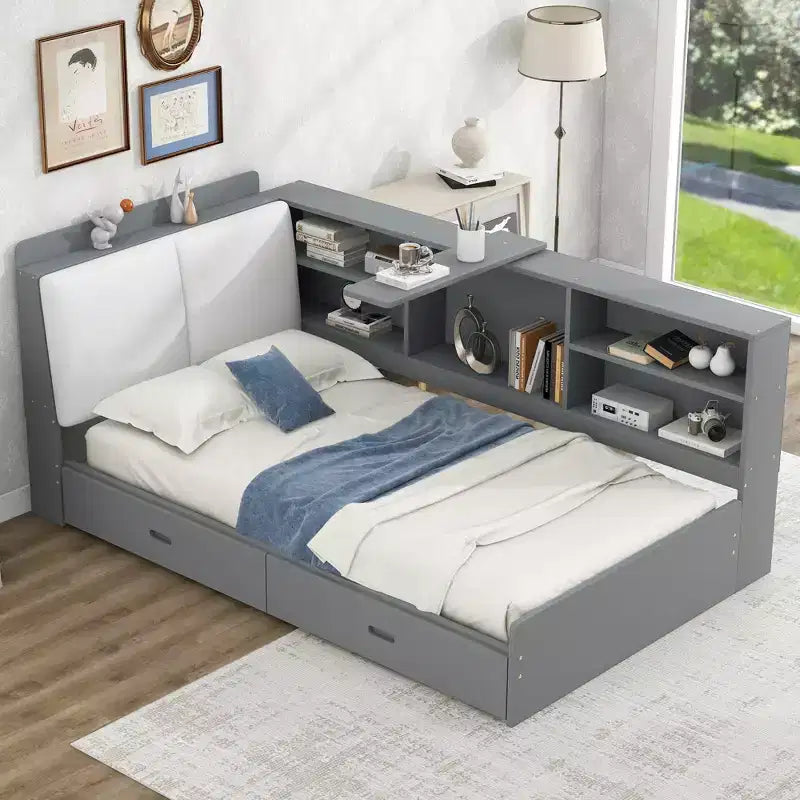 FAMYYT Twin Size Platform Bed?With Storage Headboard, Shelves and 2 Drawers, Easy Assembly