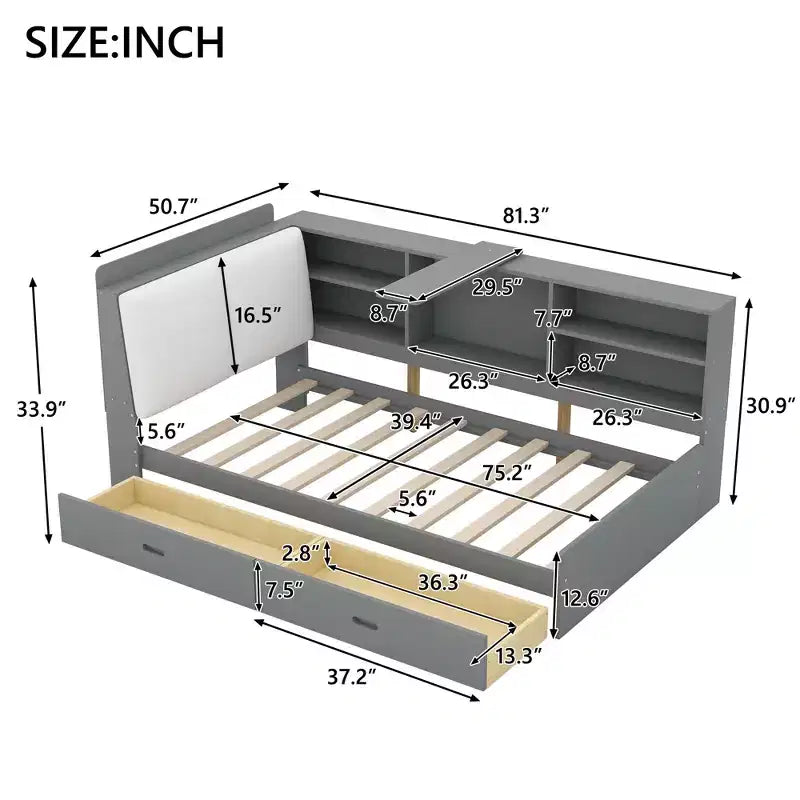 FAMYYT Twin Size Platform Bed?With Storage Headboard, Shelves and 2 Drawers, Easy Assembly