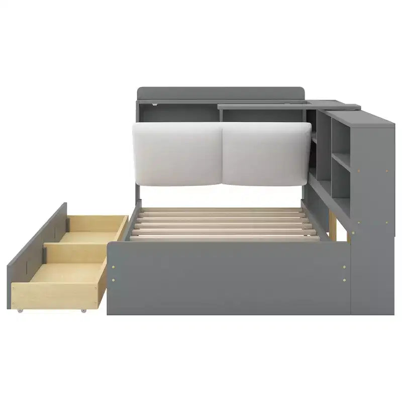 FAMYYT Twin Size Platform Bed?With Storage Headboard, Shelves and 2 Drawers, Easy Assembly