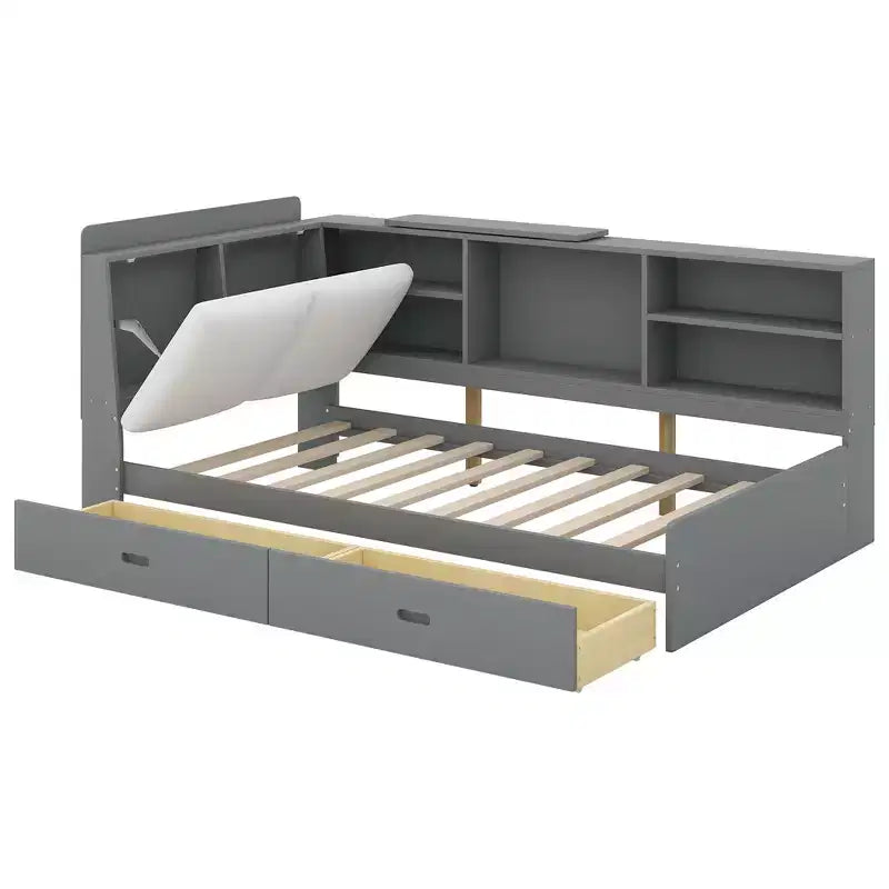 FAMYYT Twin Size Platform Bed?With Storage Headboard, Shelves and 2 Drawers, Easy Assembly