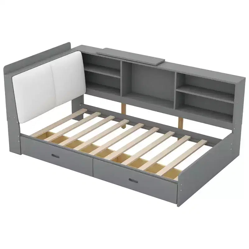 FAMYYT Twin Size Platform Bed?With Storage Headboard, Shelves and 2 Drawers, Easy Assembly