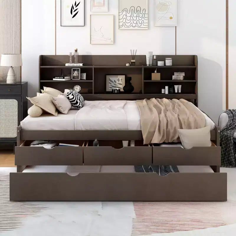 FAMYYT Full Size Wooden Captain Bed?With Built-in Bookshelves, Three Storage Drawers and Trundle, Easy Assembly