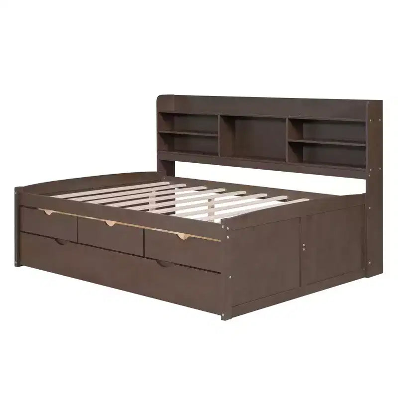 FAMYYT Full Size Wooden Captain Bed?With Built-in Bookshelves, Three Storage Drawers and Trundle, Easy Assembly