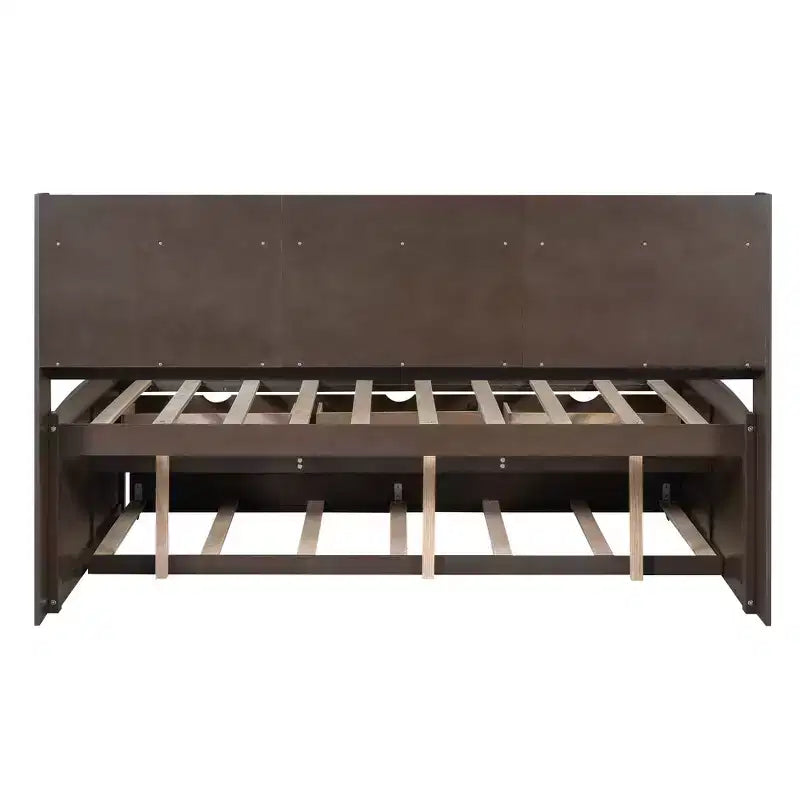 FAMYYT Full Size Wooden Captain Bed?With Built-in Bookshelves, Three Storage Drawers and Trundle, Easy Assembly