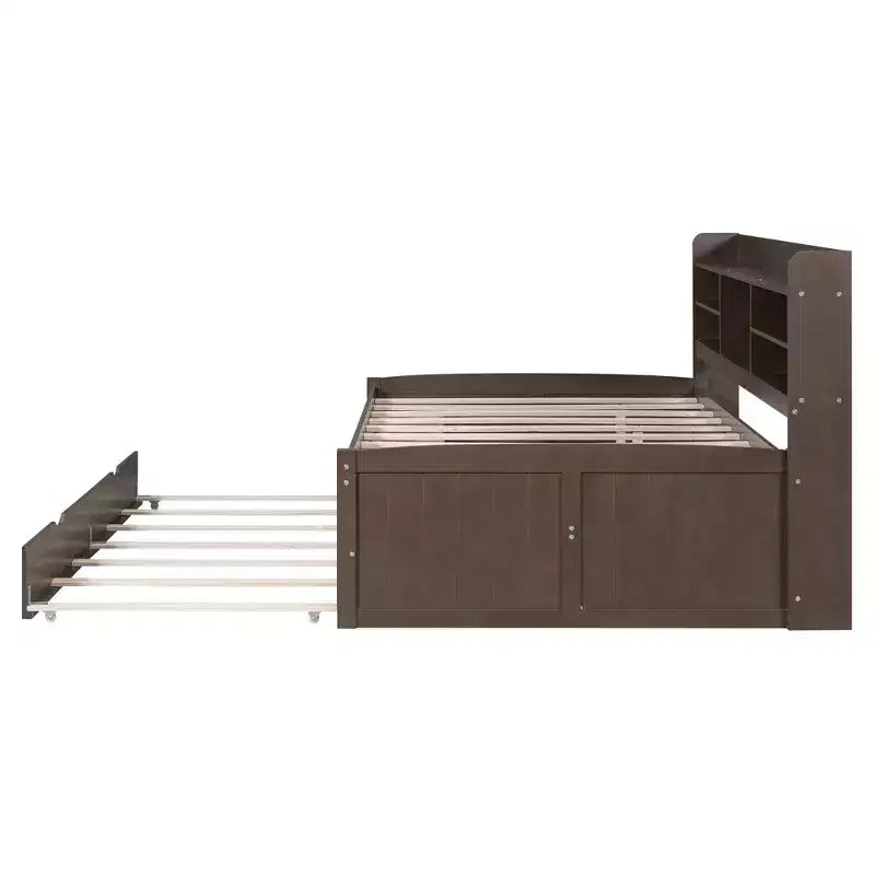 FAMYYT Full Size Wooden Captain Bed?With Built-in Bookshelves, Three Storage Drawers and Trundle, Easy Assembly