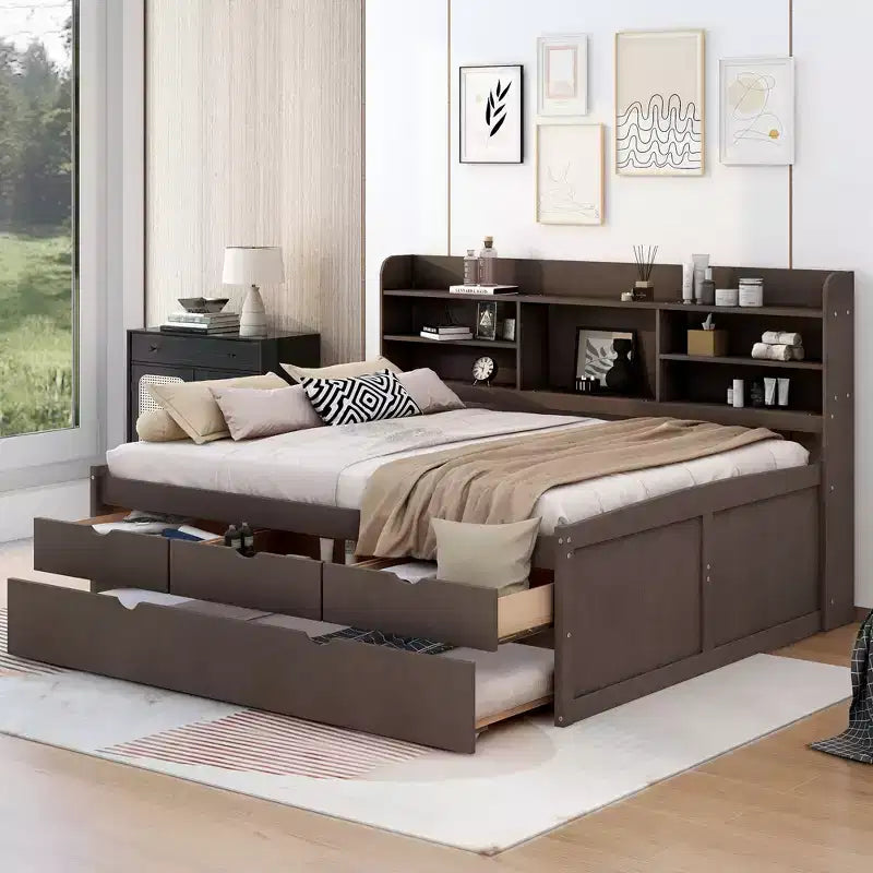 FAMYYT Full Size Wooden Captain Bed?With Built-in Bookshelves, Three Storage Drawers and Trundle, Easy Assembly