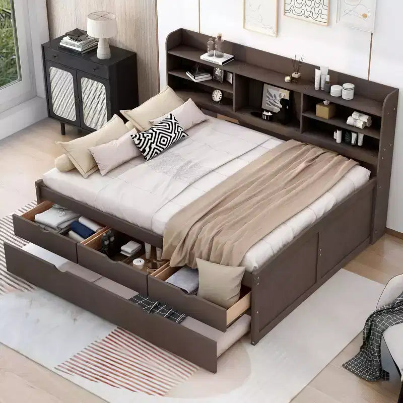 FAMYYT Full Size Wooden Captain Bed?With Built-in Bookshelves, Three Storage Drawers and Trundle, Easy Assembly