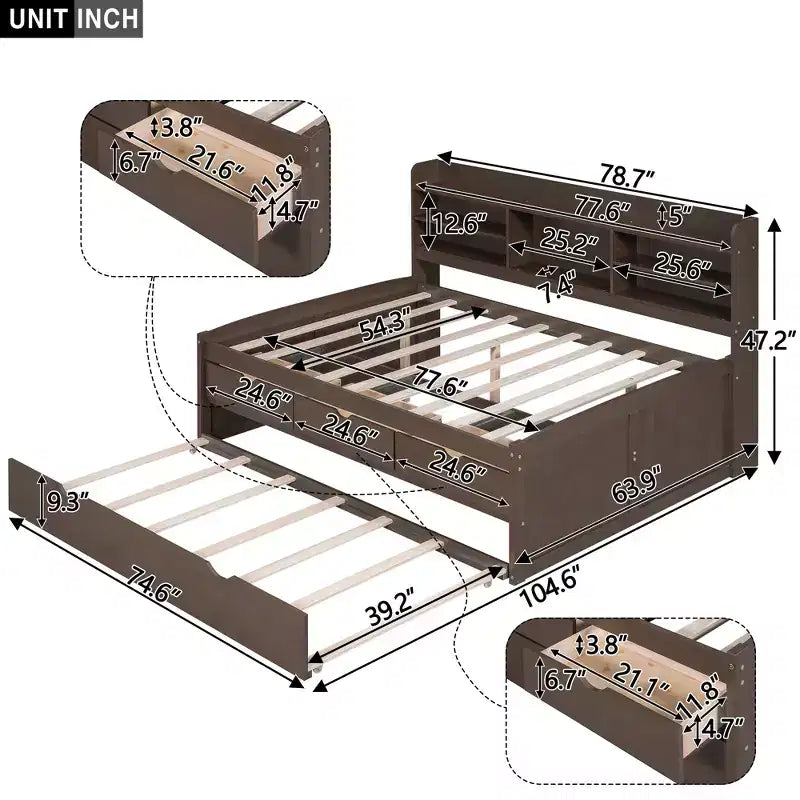 FAMYYT Full Size Wooden Captain Bed?With Built-in Bookshelves, Three Storage Drawers and Trundle, Easy Assembly