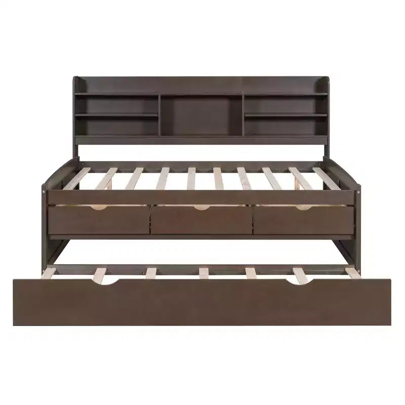 FAMYYT Full Size Wooden Captain Bed?With Built-in Bookshelves, Three Storage Drawers and Trundle, Easy Assembly