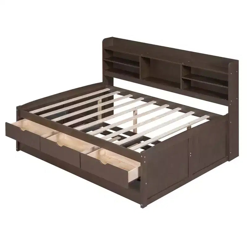FAMYYT Full Size Wooden Captain Bed?With Built-in Bookshelves, Three Storage Drawers and Trundle, Easy Assembly