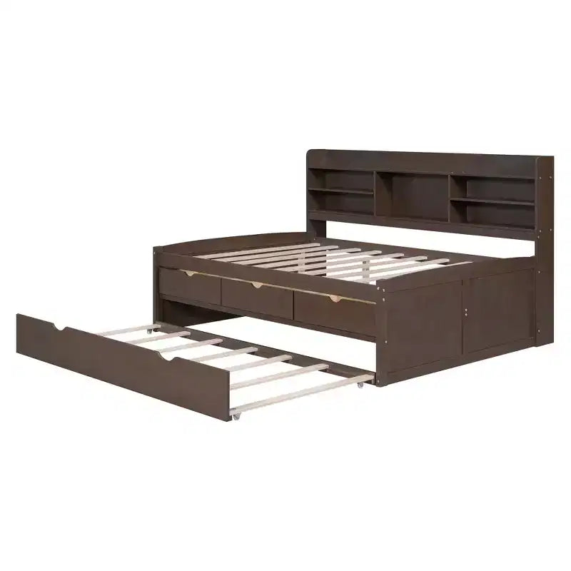 FAMYYT Full Size Wooden Captain Bed?With Built-in Bookshelves, Three Storage Drawers and Trundle, Easy Assembly