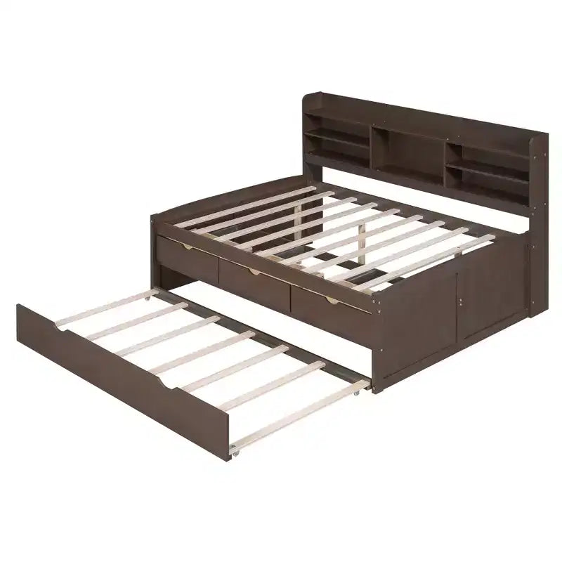 FAMYYT Full Size Wooden Captain Bed?With Built-in Bookshelves, Three Storage Drawers and Trundle, Easy Assembly