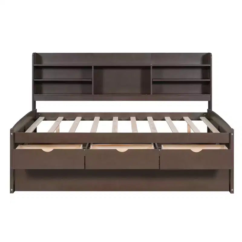 FAMYYT Full Size Wooden Captain Bed?With Built-in Bookshelves, Three Storage Drawers and Trundle, Easy Assembly