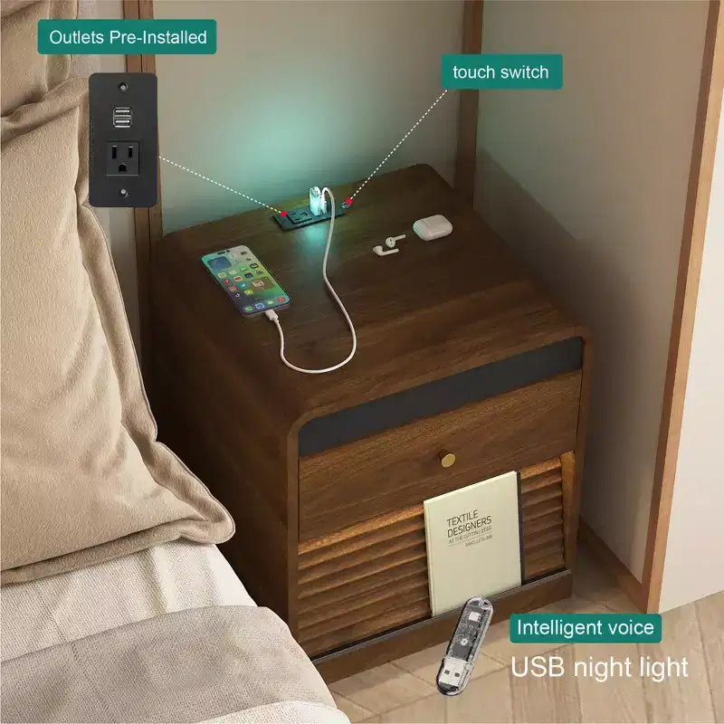 GDFStudio Warren Wood Nightstand with Charging Station and Led Lights