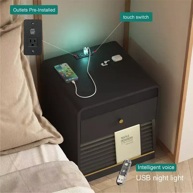 GDFStudio Warren Wood Nightstand with Charging Station and Led Lights