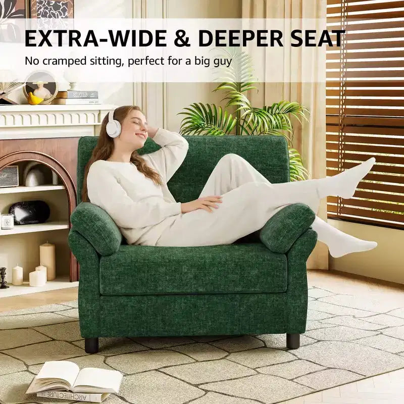 Dyonery 44.5 Oversized Chenille Accent Chair, Comfy Modern Armchair with Deep Seat & Pillow Arm, Tool-Free Assembly for Living Room, Bedroom