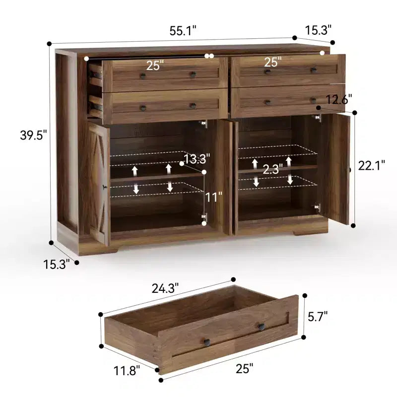 55 Farmhouse Sideboard Buffet Cabinet w/ 4 Doors & 4 Drawers, Large Wooden Kitchen Storage & Coffee Bar w/ Adjustable Shelves for Dining Room