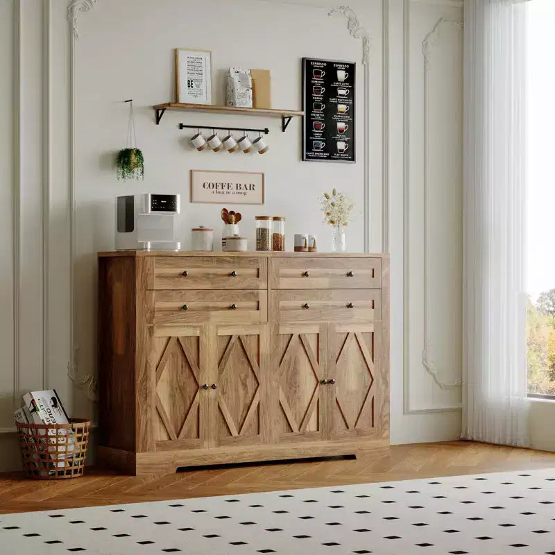 55 Farmhouse Sideboard Buffet Cabinet w/ 4 Doors & 4 Drawers, Large Wooden Kitchen Storage & Coffee Bar w/ Adjustable Shelves for Dining Room