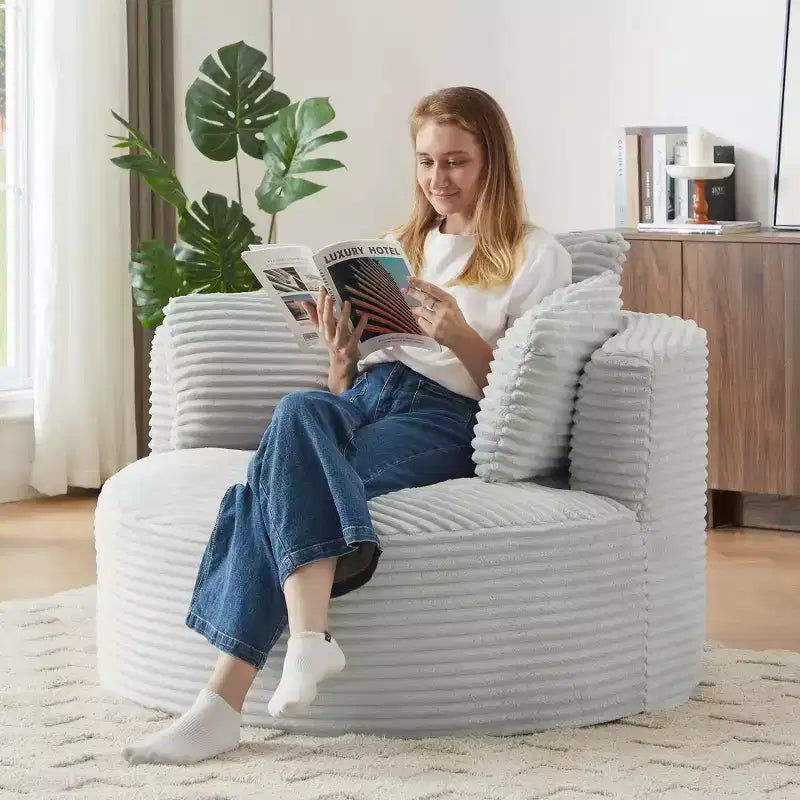 48.8 Oversized Corduroy Round Sofa Chair, Chaise Lounge Chair with Cushioned Backrest for Living Room, Bedroom, Apartment - ModernLuxe