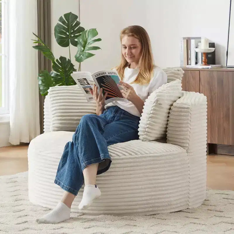 48.8 Oversized Corduroy Round Sofa Chair, Chaise Lounge Chair with Cushioned Backrest for Living Room, Bedroom, Apartment - ModernLuxe