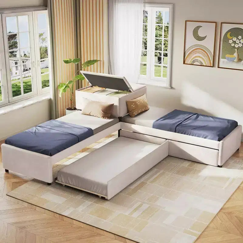 Twin Size L-Shaped Platform Bed Frame Corner Bed with Desk, Trundle & 2 Drawers - ModernLuxe