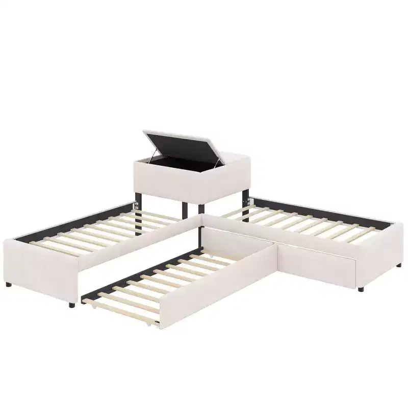 Twin Size L-Shaped Platform Bed Frame Corner Bed with Desk, Trundle & 2 Drawers - ModernLuxe