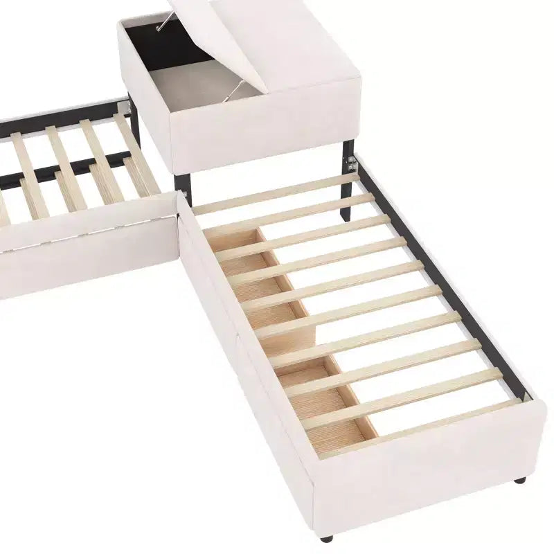 Twin Size L-Shaped Platform Bed Frame Corner Bed with Desk, Trundle & 2 Drawers - ModernLuxe