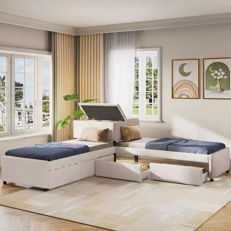 Twin Size L-Shaped Platform Bed Frame Corner Bed with Desk, Trundle & 2 Drawers - ModernLuxe