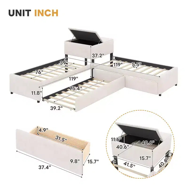 Twin Size L-Shaped Platform Bed Frame Corner Bed with Desk, Trundle & 2 Drawers - ModernLuxe