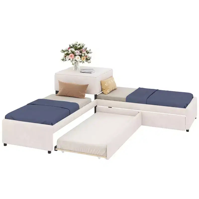 Twin Size L-Shaped Platform Bed Frame Corner Bed with Desk, Trundle & 2 Drawers - ModernLuxe
