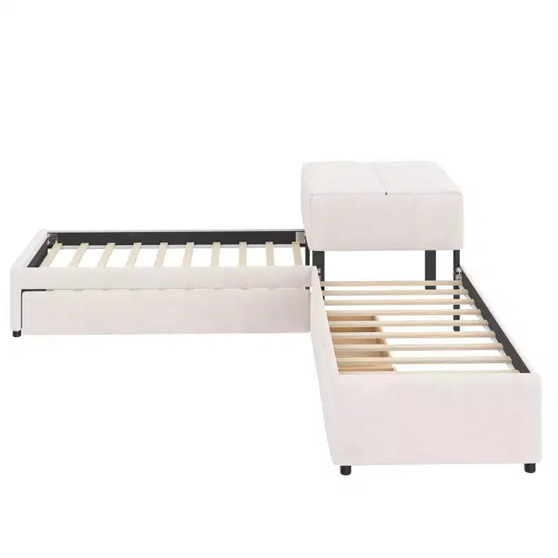 Twin Size L-Shaped Platform Bed Frame Corner Bed with Desk, Trundle & 2 Drawers - ModernLuxe
