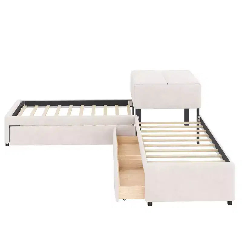 Twin Size L-Shaped Platform Bed Frame Corner Bed with Desk, Trundle & 2 Drawers - ModernLuxe