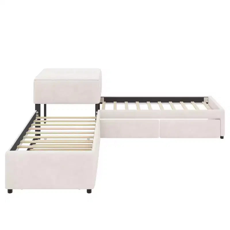Twin Size L-Shaped Platform Bed Frame Corner Bed with Desk, Trundle & 2 Drawers - ModernLuxe