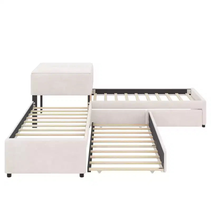 Twin Size L-Shaped Platform Bed Frame Corner Bed with Desk, Trundle & 2 Drawers - ModernLuxe