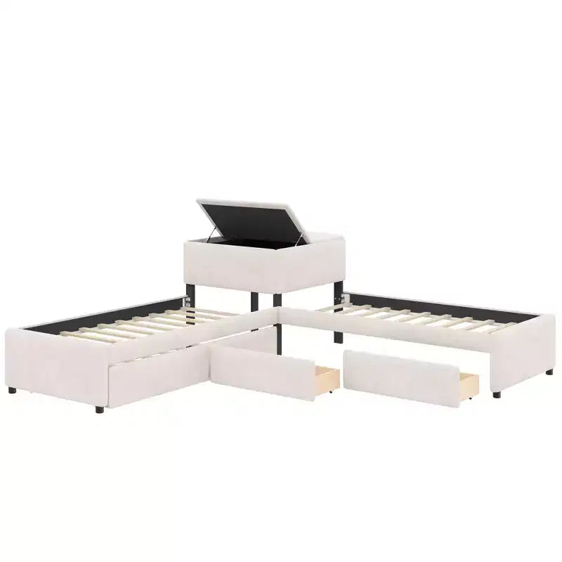 Twin Size L-Shaped Platform Bed Frame Corner Bed with Desk, Trundle & 2 Drawers - ModernLuxe