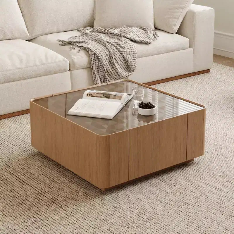 GDFStudio Kitto 31.5 Modern Wooden Square Glass Top Coffee Table with Storage Drawers