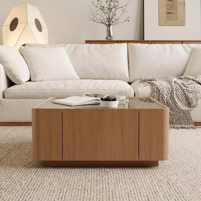 GDFStudio Kitto 31.5 Modern Wooden Square Glass Top Coffee Table with Storage Drawers