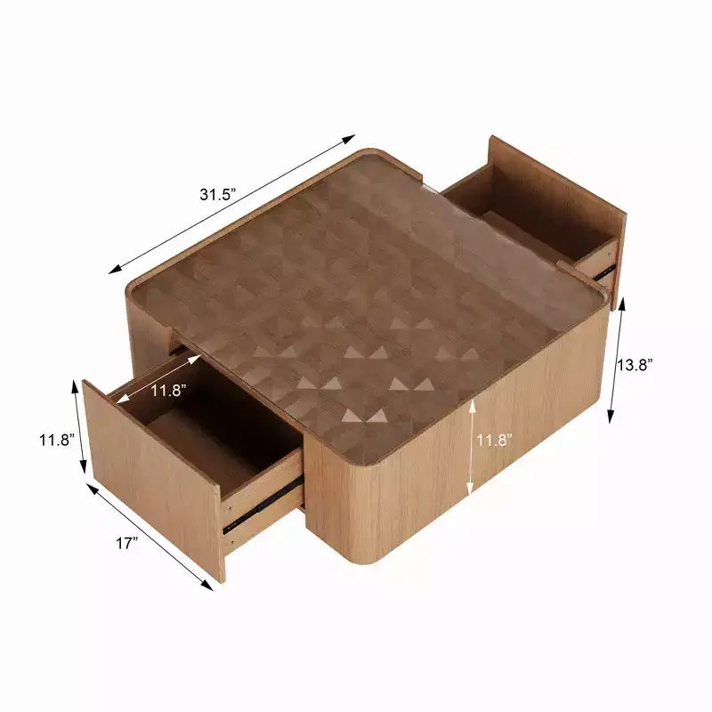 GDFStudio Kitto 31.5 Modern Wooden Square Glass Top Coffee Table with Storage Drawers