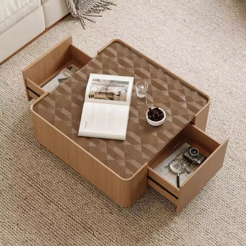 GDFStudio Kitto 31.5 Modern Wooden Square Glass Top Coffee Table with Storage Drawers