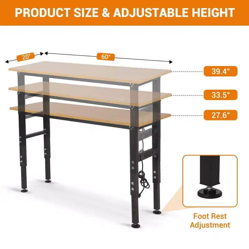 60 Inch Adjustable Height Workbench with Power Outlet, Heavy Duty 2000 lbs Capacity Table, with Foot Pads
