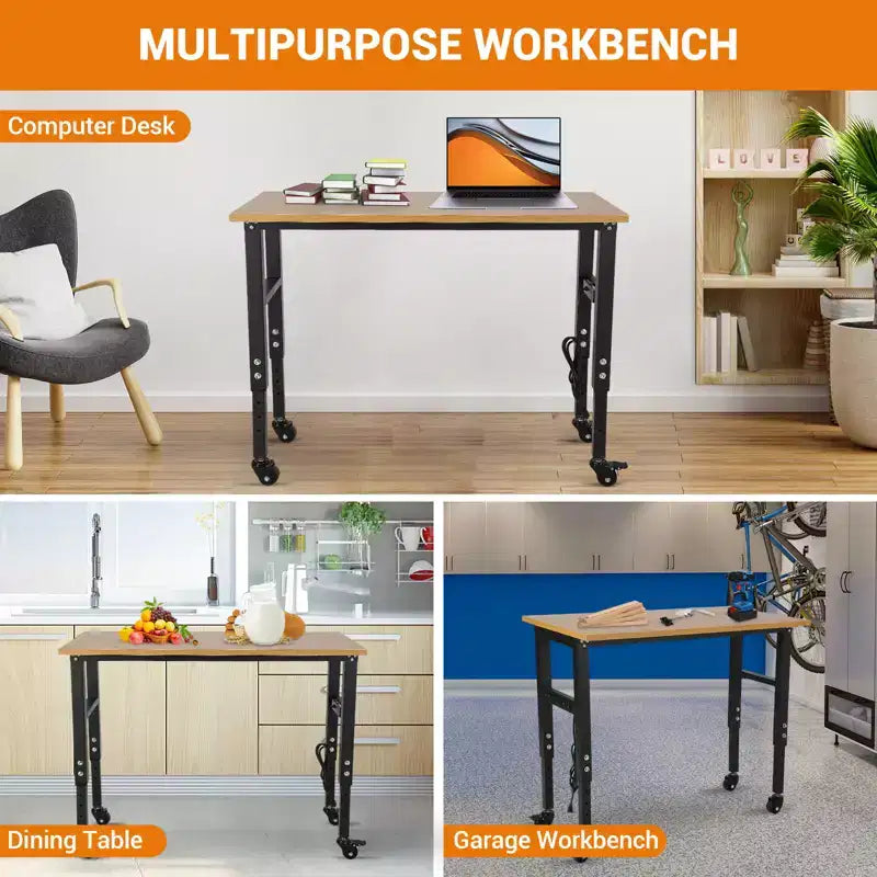 60 Inch Adjustable Height Workbench with Power Outlet, Heavy Duty 2000 lbs Capacity Table, with Foot Pads