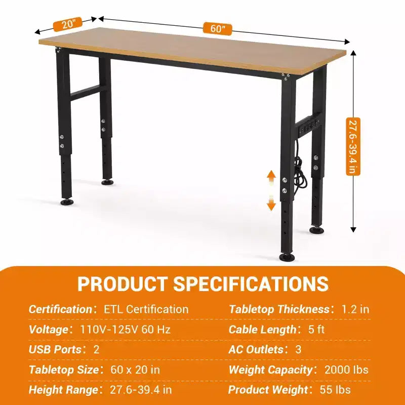 60 Inch Adjustable Height Workbench with Power Outlet, Heavy Duty 2000 lbs Capacity Table, with Foot Pads