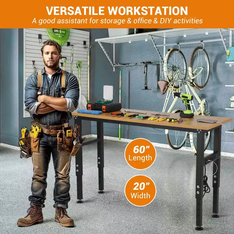 60 Inch Adjustable Height Workbench with Power Outlet, Heavy Duty 2000 lbs Capacity Table, with Foot Pads