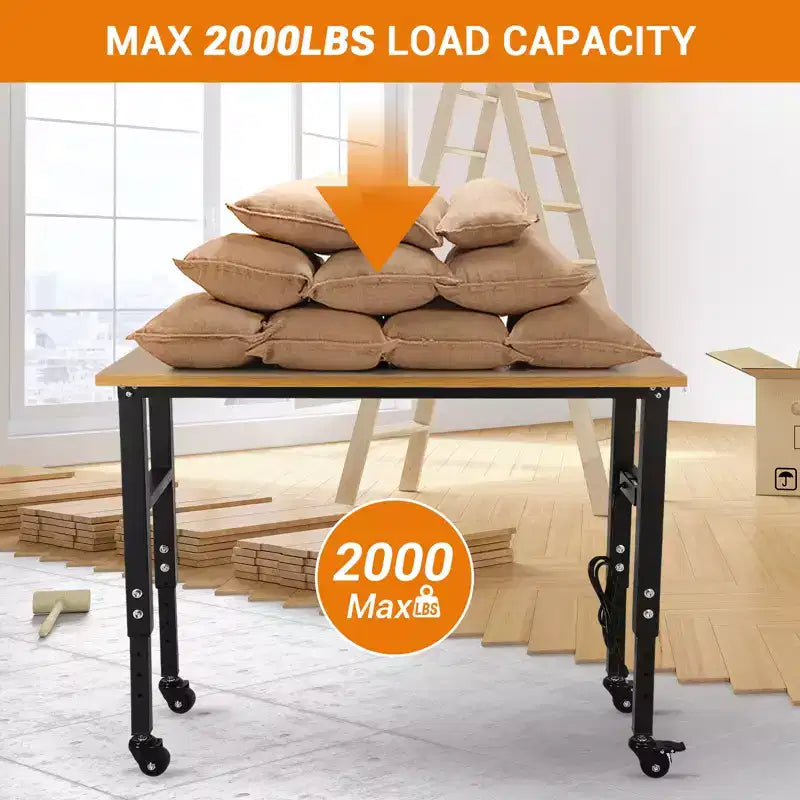 60 Inch Adjustable Height Workbench with Power Outlet, Heavy Duty 2000 lbs Capacity Table, with Foot Pads