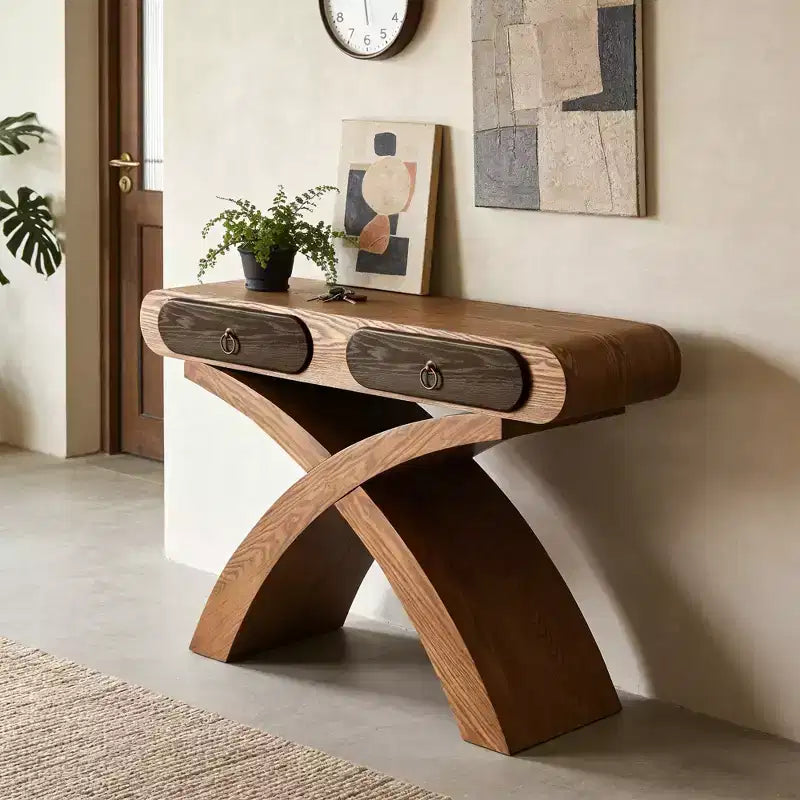 GDFStudio Garcia Modern Console Table with Cross Leg and Two Handle Drawers