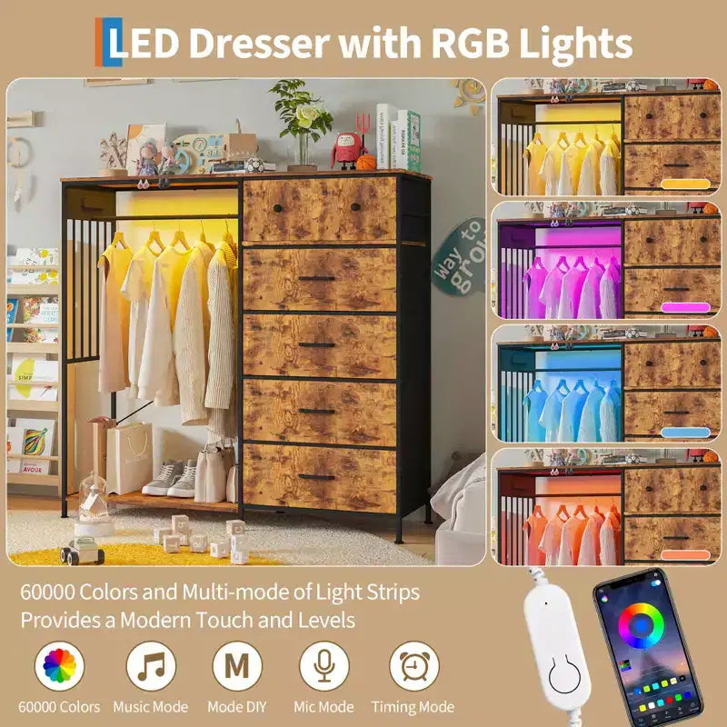 6-Drawer Dresser with Clothes Rack & Charging Station, Fabric Storage Chest with Wood Top & Lights, Closet Organizer Cabinet for Bedroom