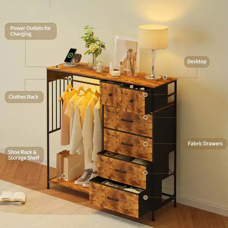 6-Drawer Dresser with Clothes Rack & Charging Station, Fabric Storage Chest with Wood Top & Lights, Closet Organizer Cabinet for Bedroom