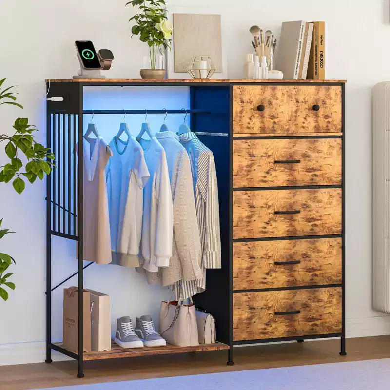 6-Drawer Dresser with Clothes Rack & Charging Station, Fabric Storage Chest with Wood Top & Lights, Closet Organizer Cabinet for Bedroom
